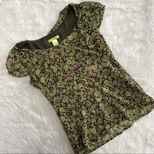 Sigrid Olsen Womens Top Sz 4 Green Floral Blouse Neck Tie Lined Shirt